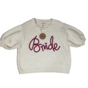 BiBi Metallic Letter Short Puff Sleeve Sweater Top White Med Bride Design NEW